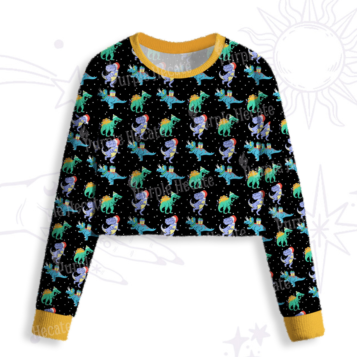 Purplehecate Funny Christmas Dinosaurs Crop Fuzzy Ugly Sweatshirt