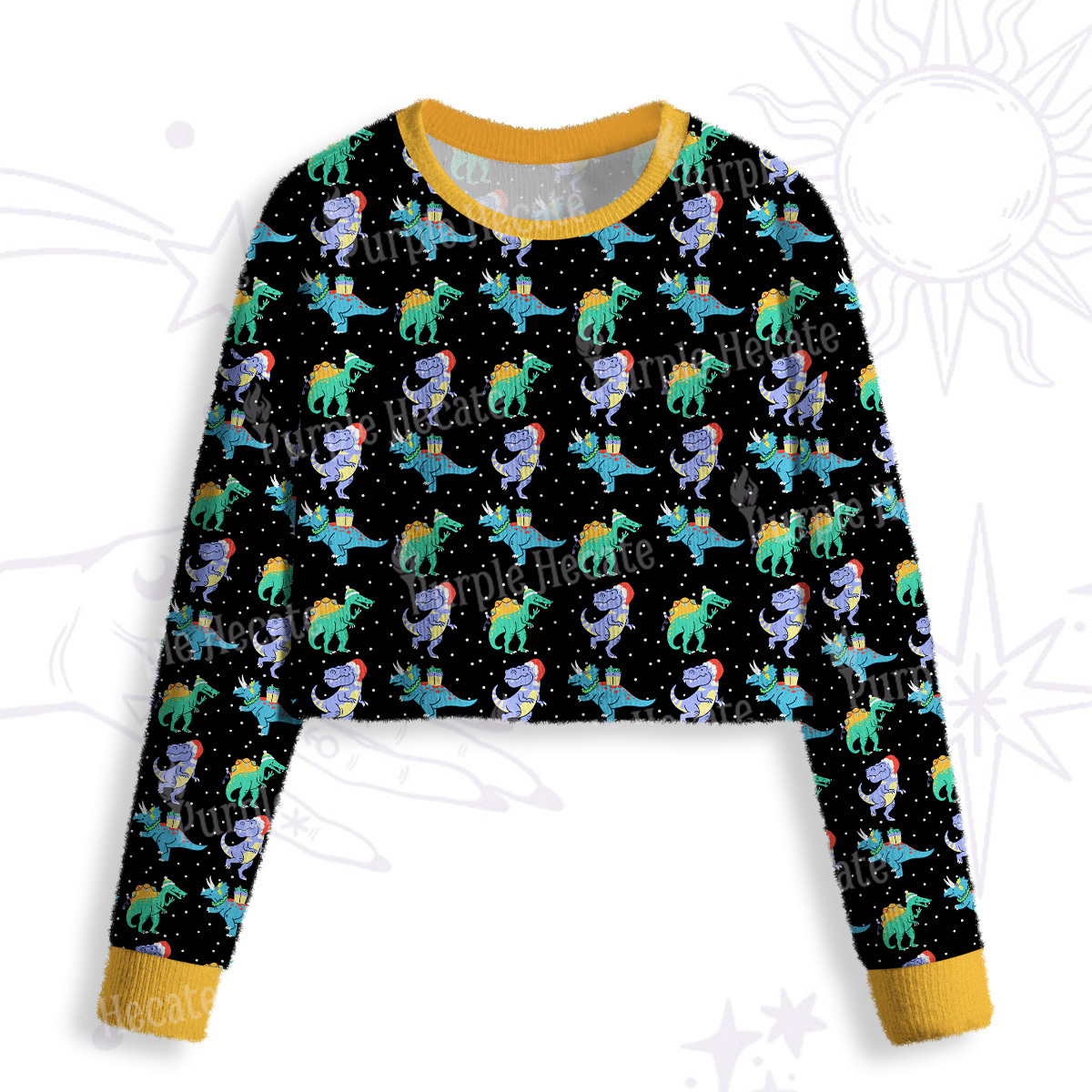 Purplehecate Funny Christmas Dinosaurs Crop Fuzzy Ugly Sweatshirt