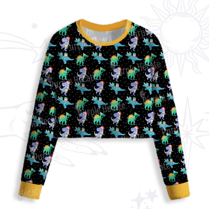 Purplehecate Funny Christmas Dinosaurs Crop Fuzzy Ugly Sweatshirt