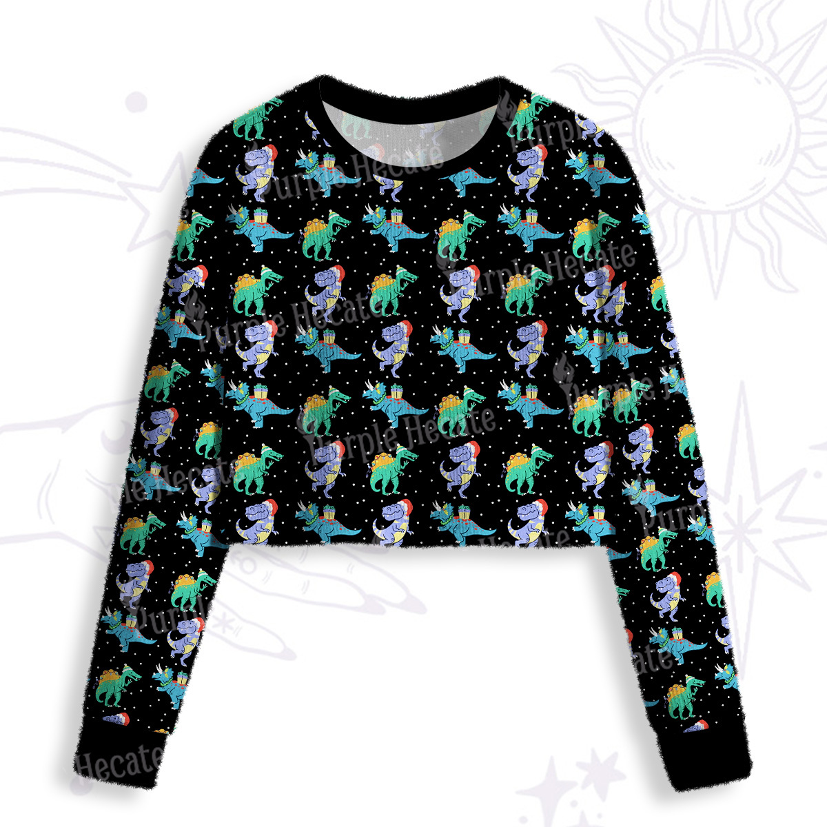 Purplehecate Funny Christmas Dinosaurs Crop Fuzzy Ugly Sweatshirt