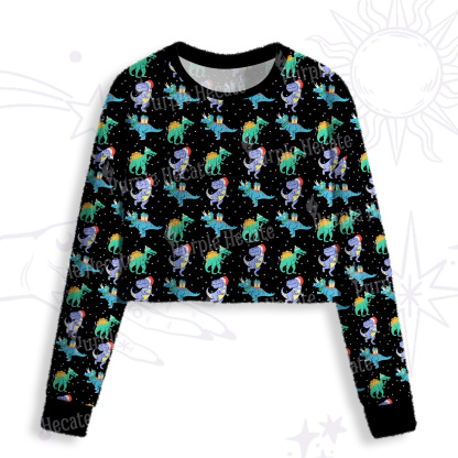 Purplehecate Funny Christmas Dinosaurs Crop Fuzzy Ugly Sweatshirt