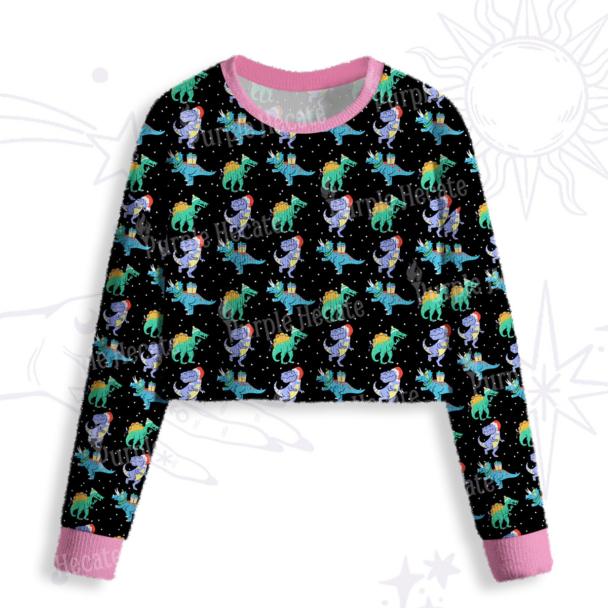 Purplehecate Funny Christmas Dinosaurs Crop Fuzzy Ugly Sweatshirt