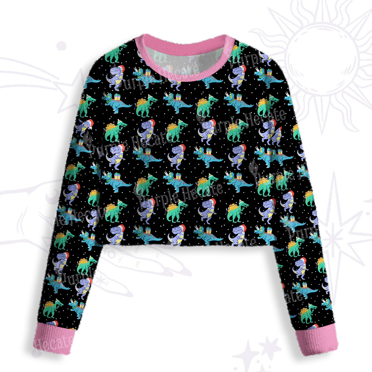 Purplehecate Funny Christmas Dinosaurs Crop Fuzzy Ugly Sweatshirt