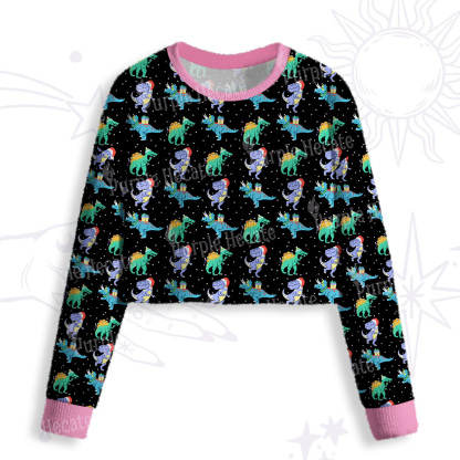 Purplehecate Funny Christmas Dinosaurs Crop Fuzzy Ugly Sweatshirt