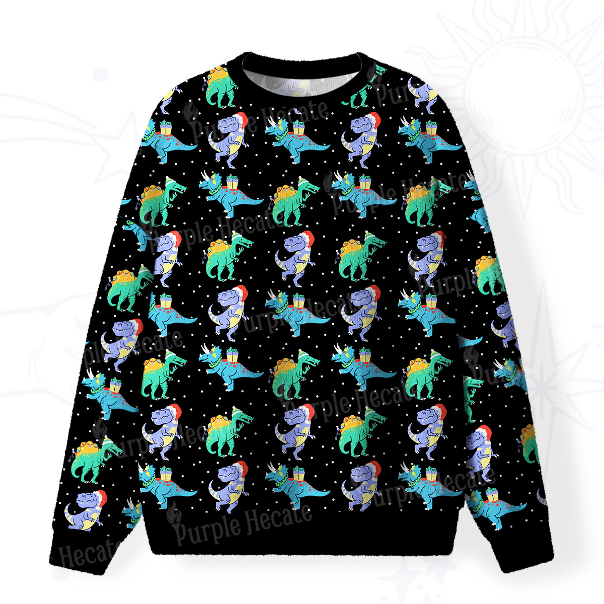 Purplehecate Funny Christmas Dinosaurs Fuzzy Ugly Christmas Sweatshirt
