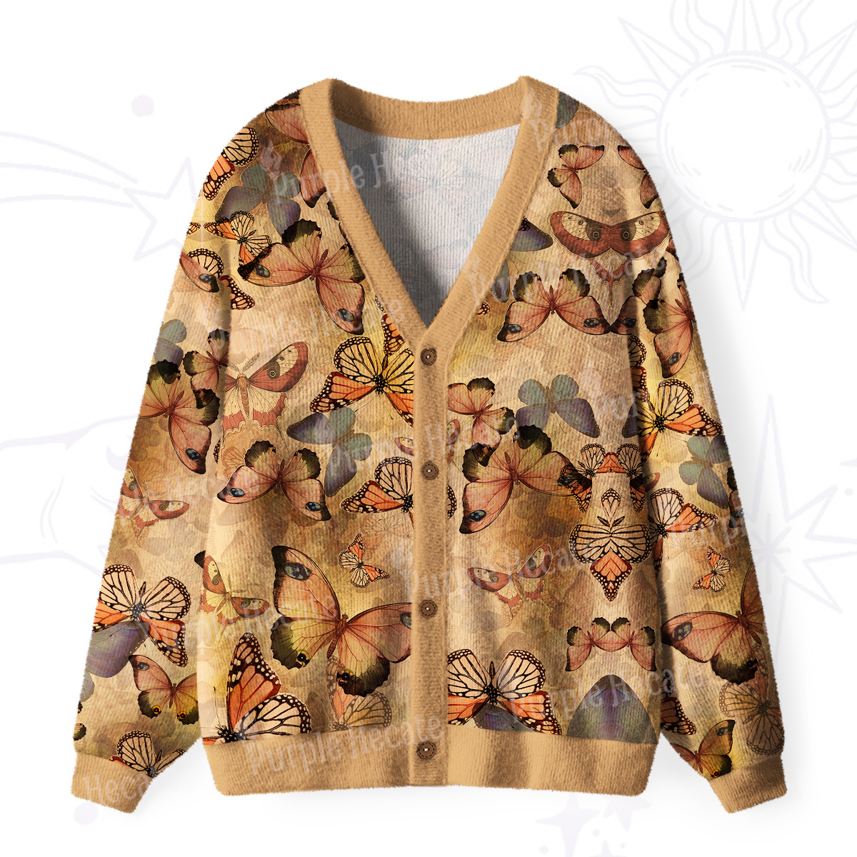 Purplehecate Monarch Butterfly Print Ugly Cardigan Sweaters