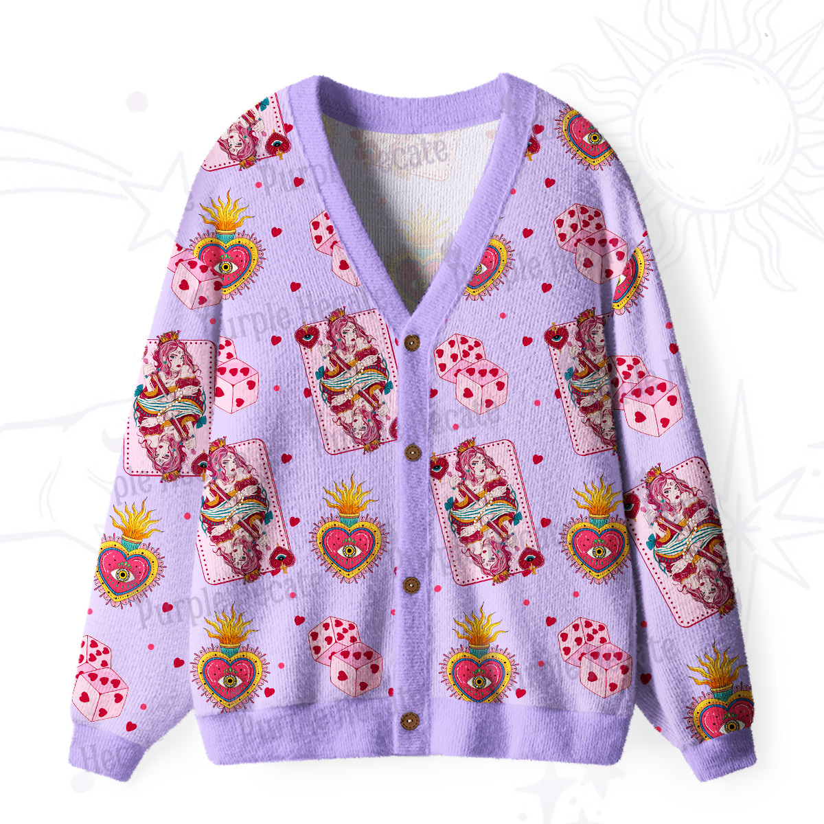 Purplehecate Whimsical Cat and Yarn Ugly Cardigan Sweaters