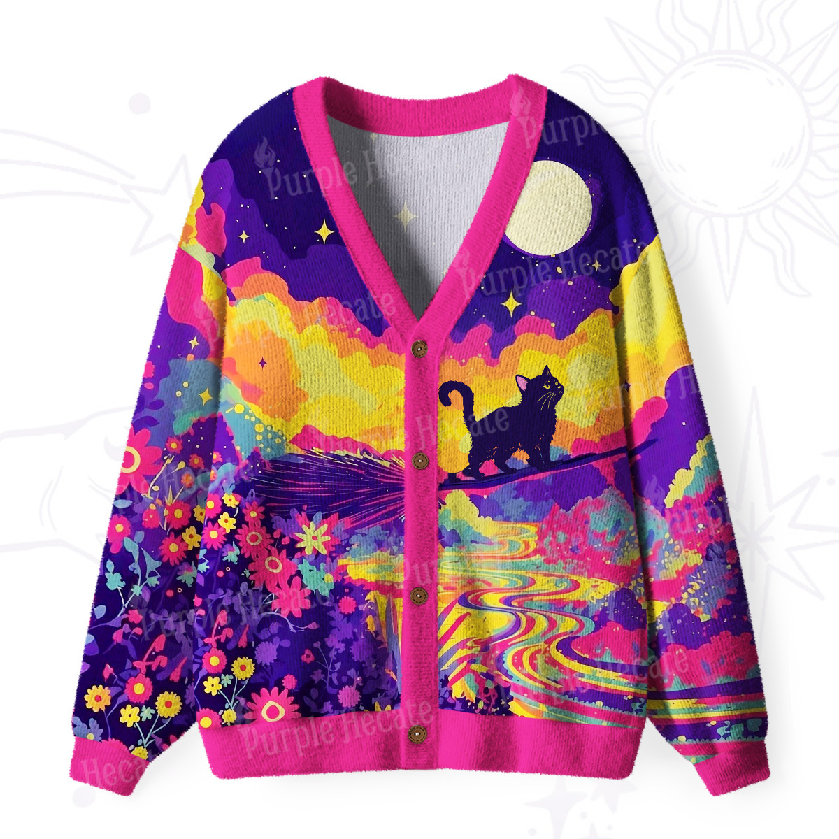 Purplehecate Midnight Cosmic Cat Fantasy Ugly Cardigan Sweaters