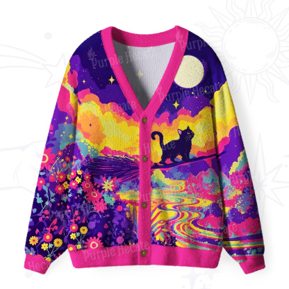 Purplehecate Midnight Cosmic Cat Fantasy Ugly Cardigan Sweaters