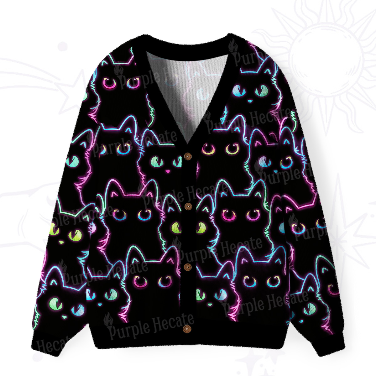 Purplehecate Neon Glow Stacked Cats Ugly Cardigan Sweaters