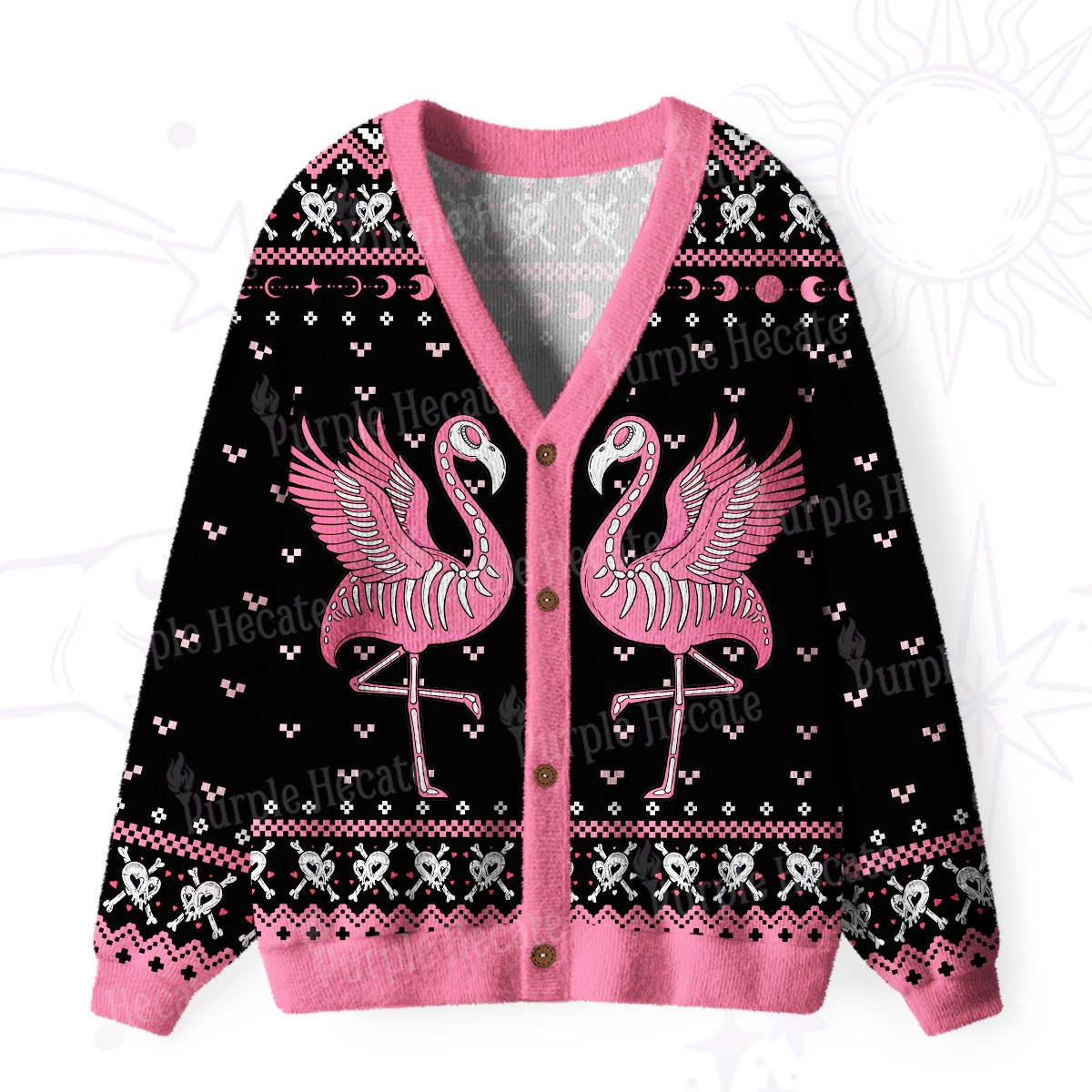 Purplehecate Witchy Pink Flamingo Skull Ugly Cardigan Sweaters