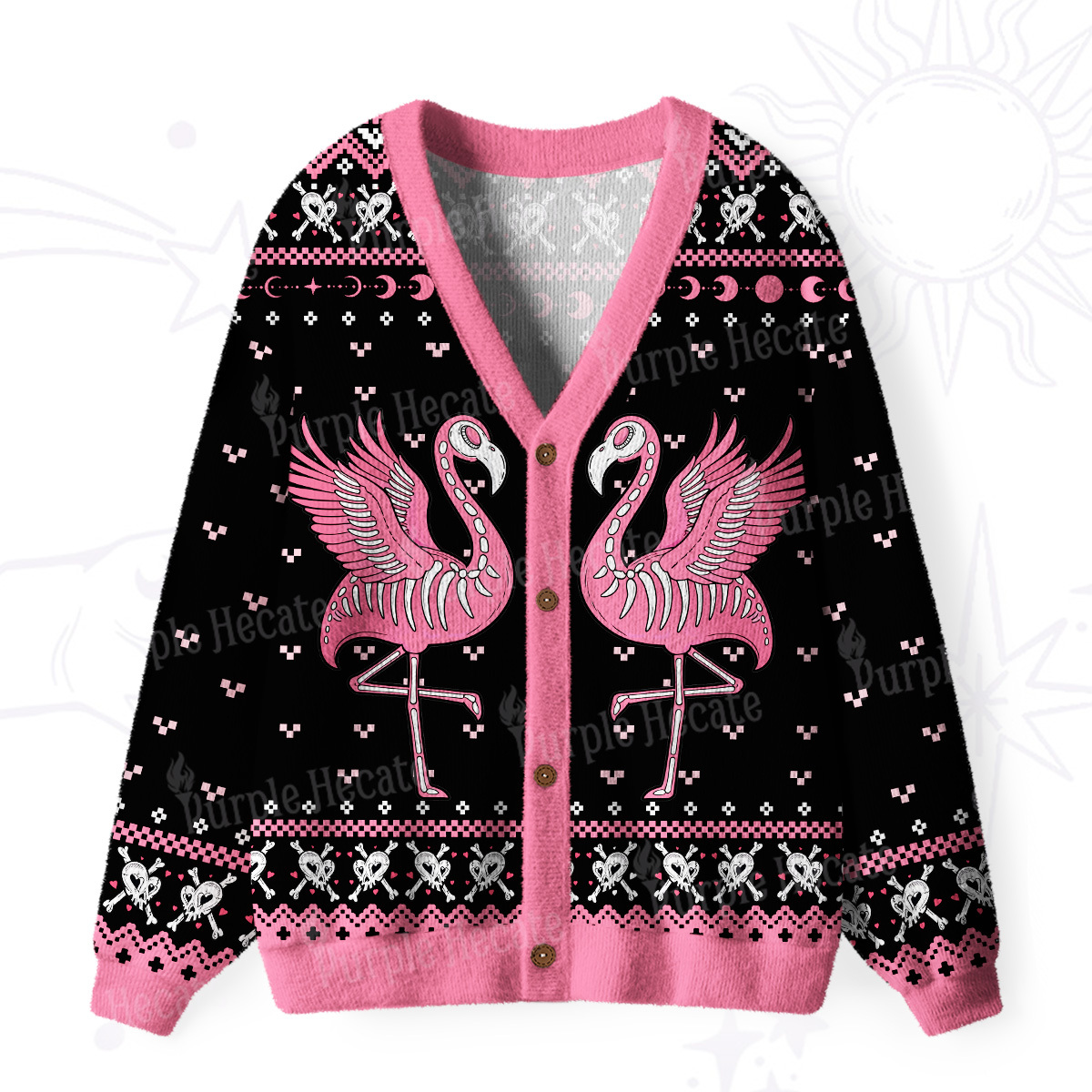 Purplehecate Witchy Pink Flamingo Skull Ugly Cardigan Sweaters