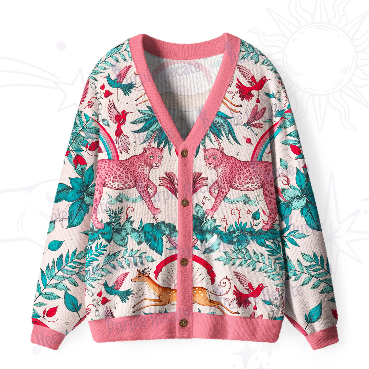 Purplehecate Enchanted Forest Pink Leopard Ugly Cardigan Sweaters