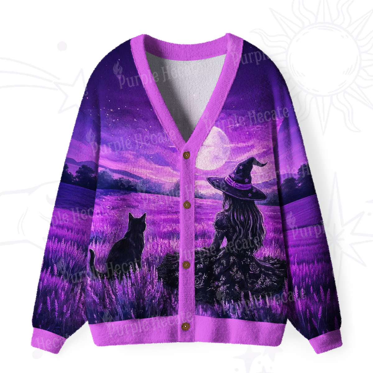 Purplehecate Dreamy Purple Witch and Black Cat Ugly Cardigan Sweaters
