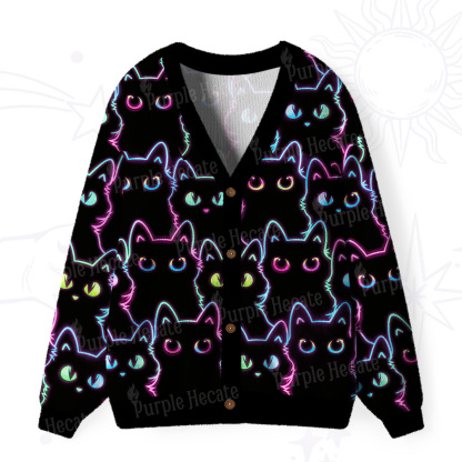 Purplehecate Neon Glow Stacked Cats Ugly Cardigan Sweaters