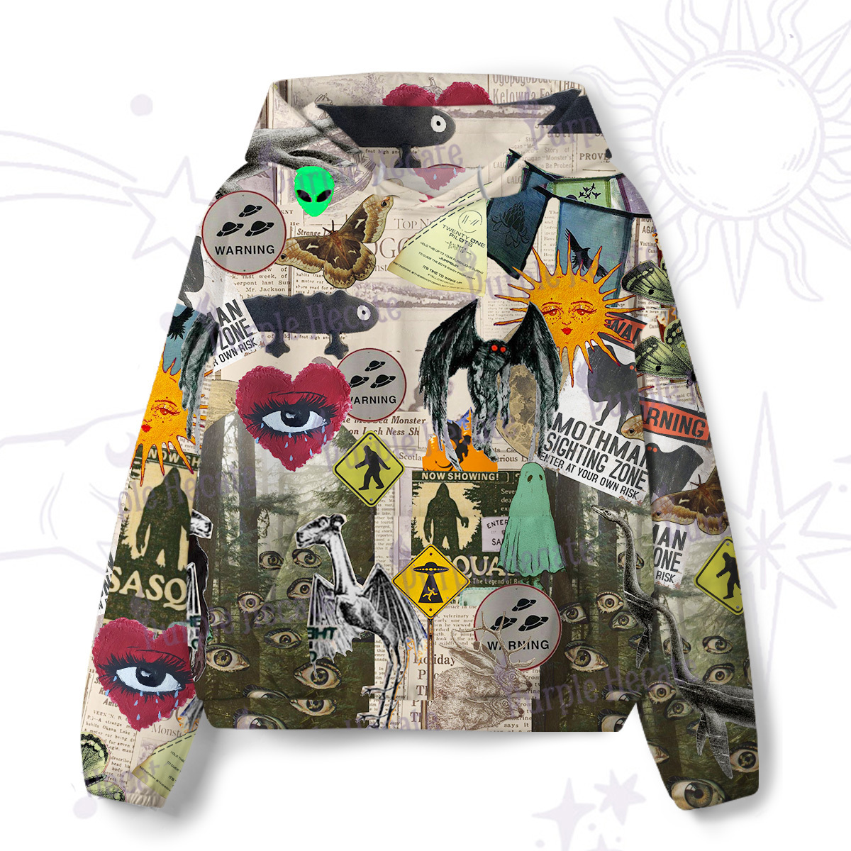 Purplehecate Cryptid Warning Collage All-Over Print Hoodie