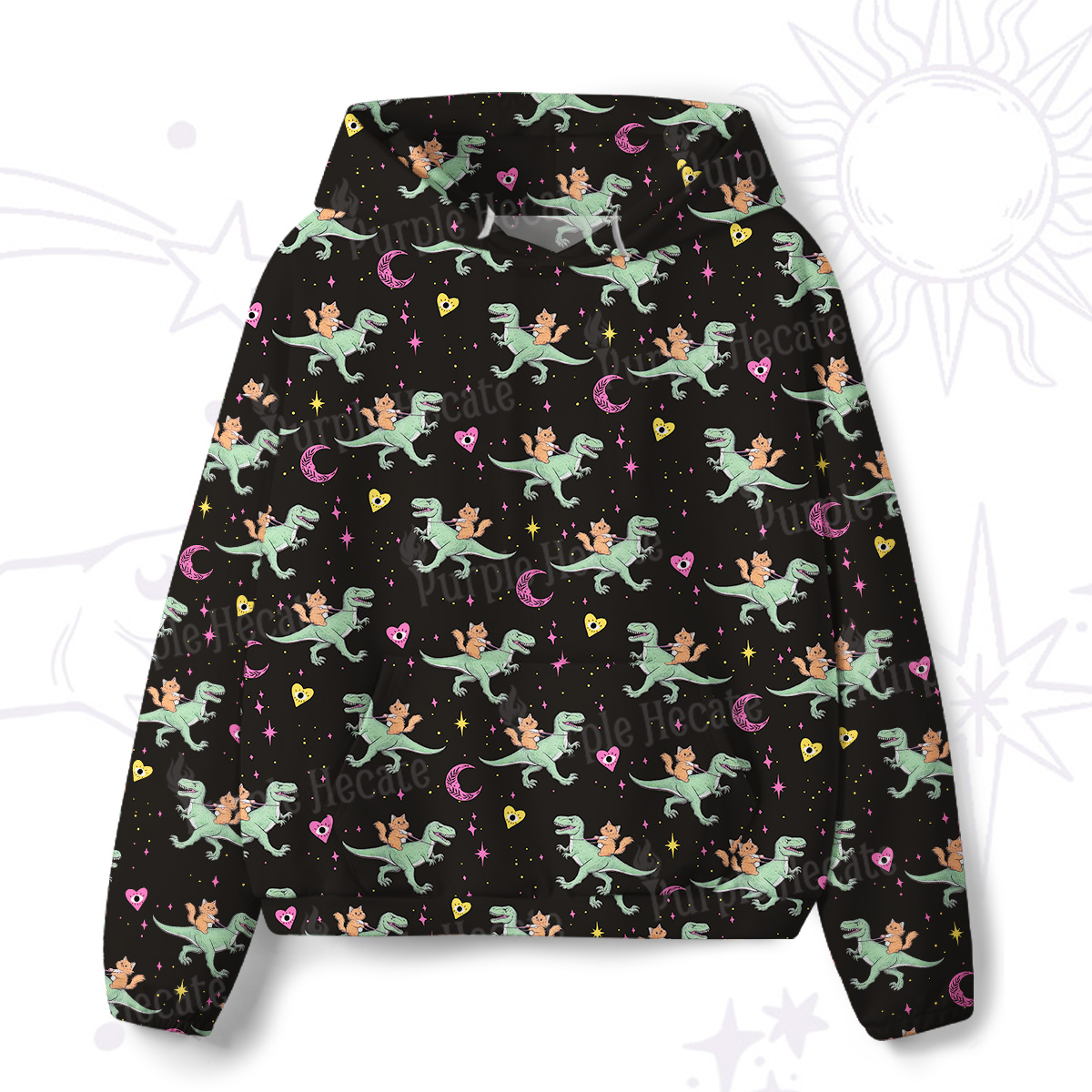 Purplehecate Witch Cat Rides the Dino All-Over Print Hoodie