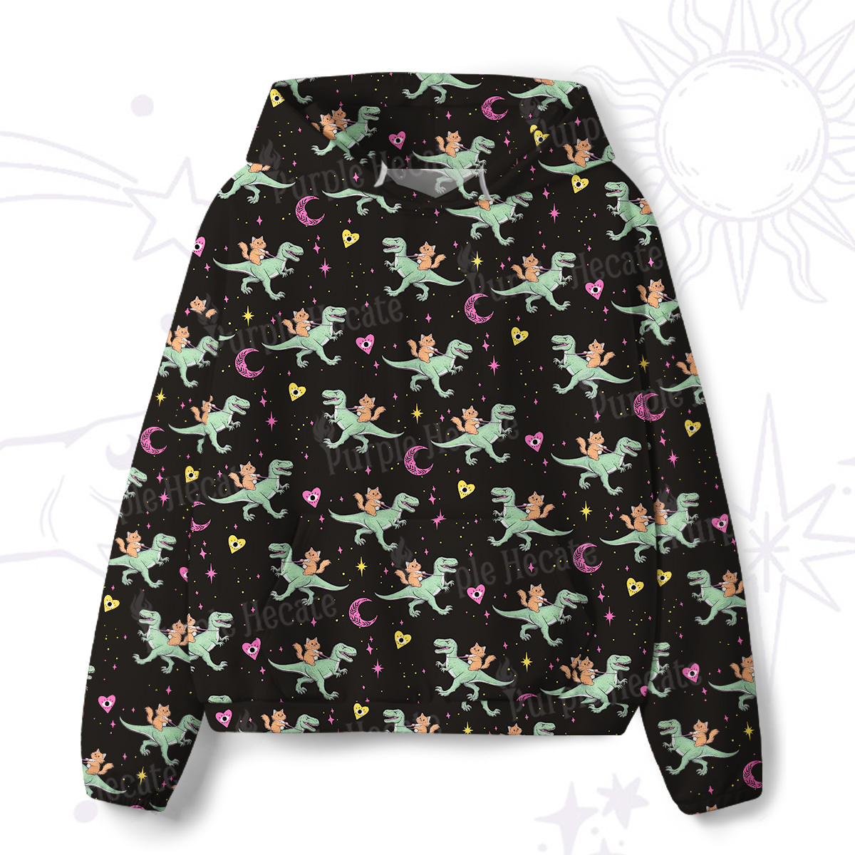 Purplehecate Witch Cat Rides the Dino All-Over Print Hoodie