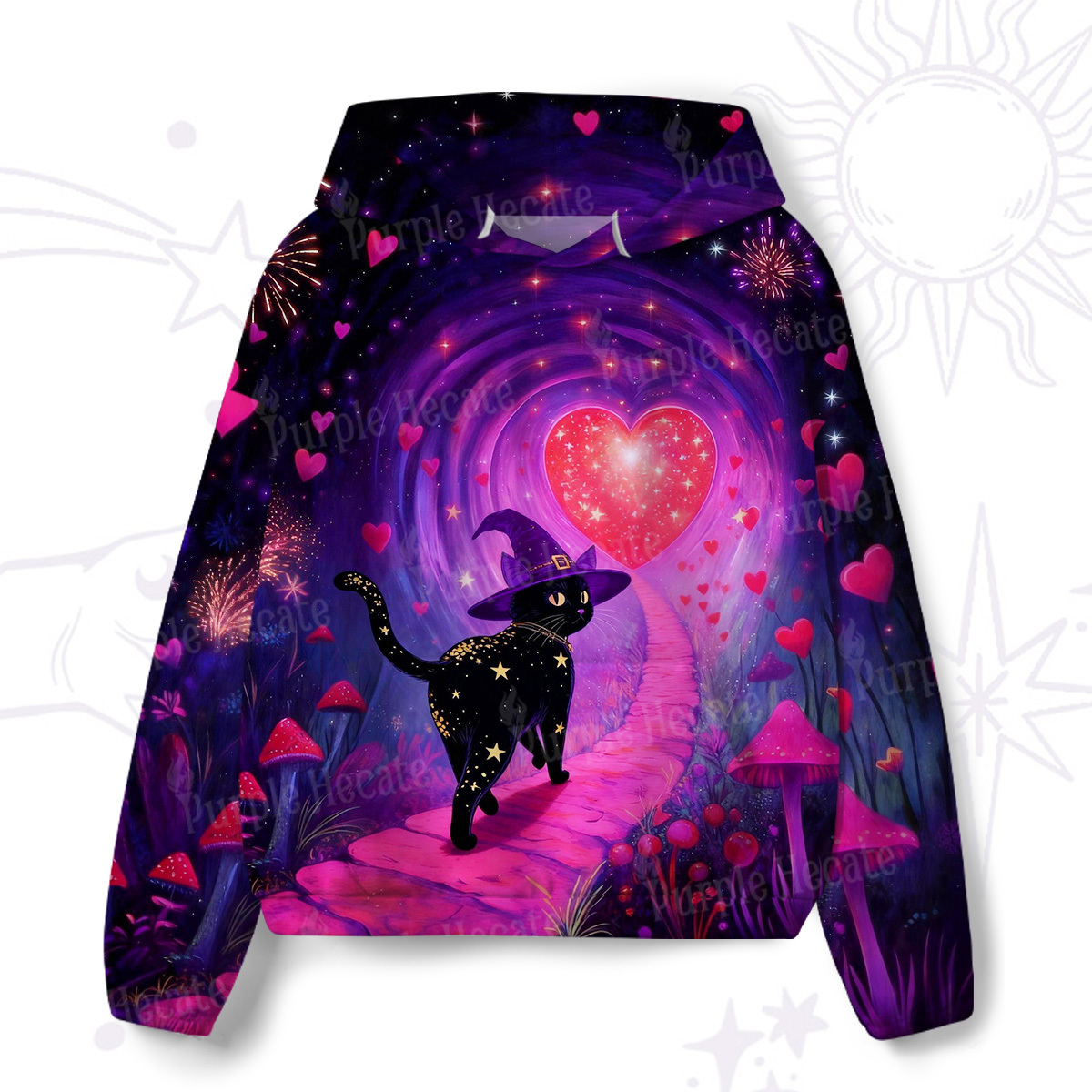 Purplehecate Starry Witch Cat and Love All-Over Print Hoodie