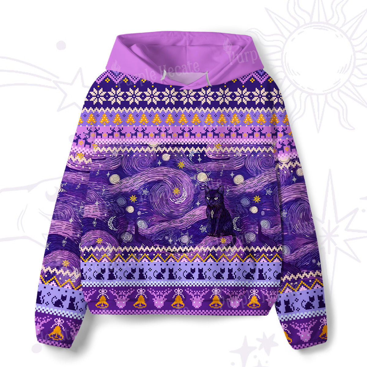 Purplehecate Mystic Cat Beneath the Cosmic Veil All-Over Print Hoodie
