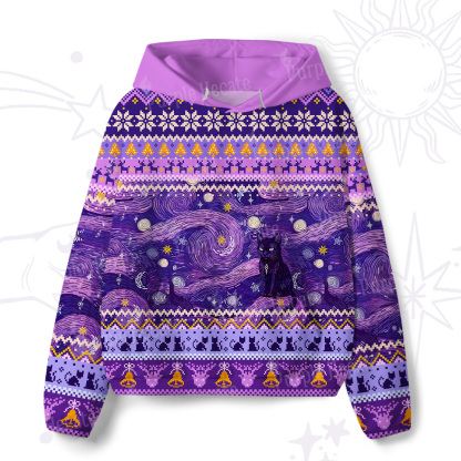 Purplehecate Mystic Cat Beneath the Cosmic Veil All-Over Print Hoodie