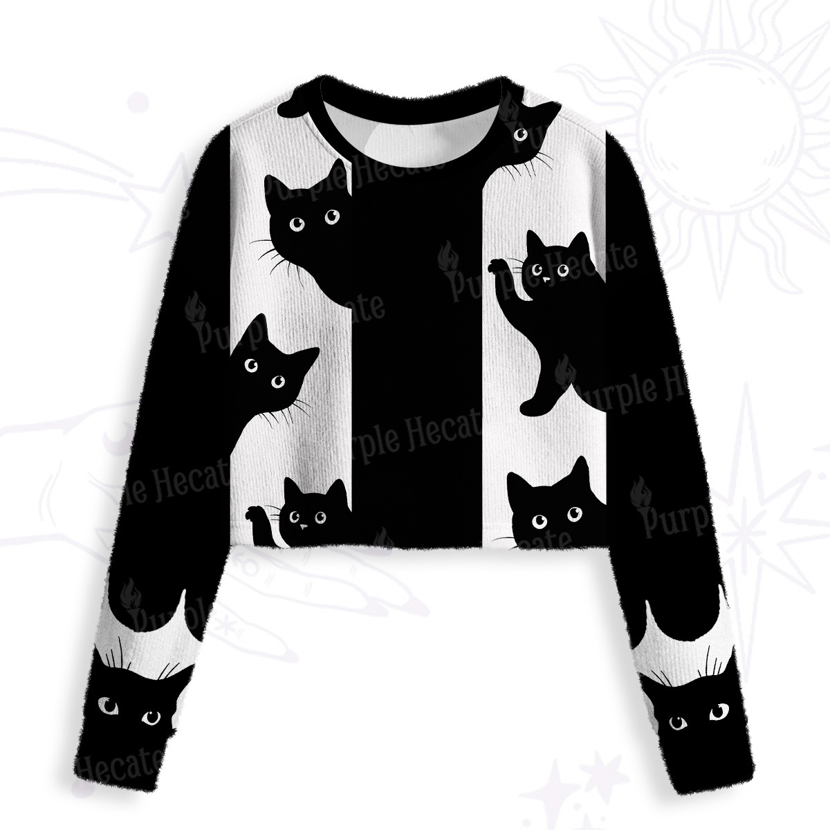 Purplehecate Peekaboo Cats Crop Fuzzy Ugly Sweatshirt