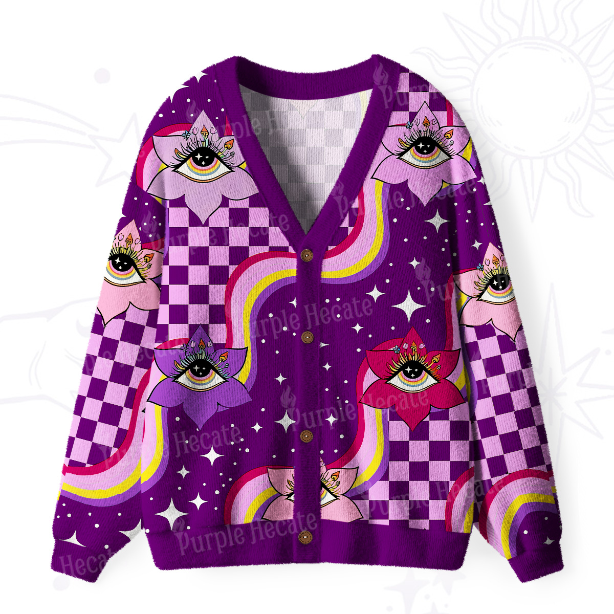 Purplehecate Trippy Eye Bloom Ugly Cardigan Sweaters