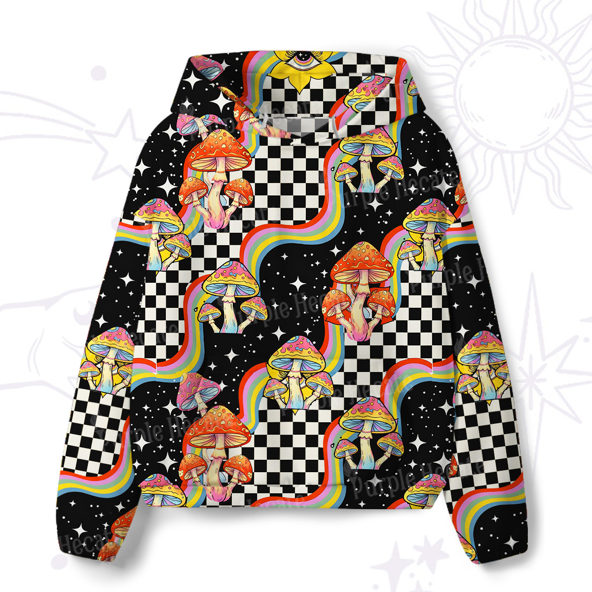 Purplehecate Trippy Rainbow Mushrooms All-Over Print Hoodie