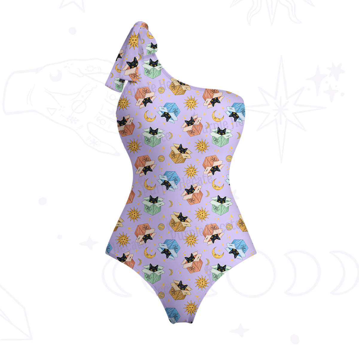 Purplehecate Magical Black Cat One-Shoulder One-Piece Swimsuit