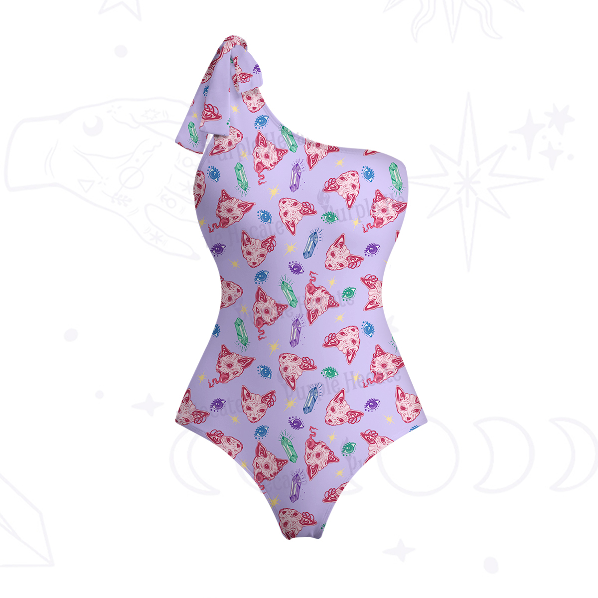 Purplehecate Crystal Cat Skull One-Shoulder One-Piece Swimsuit