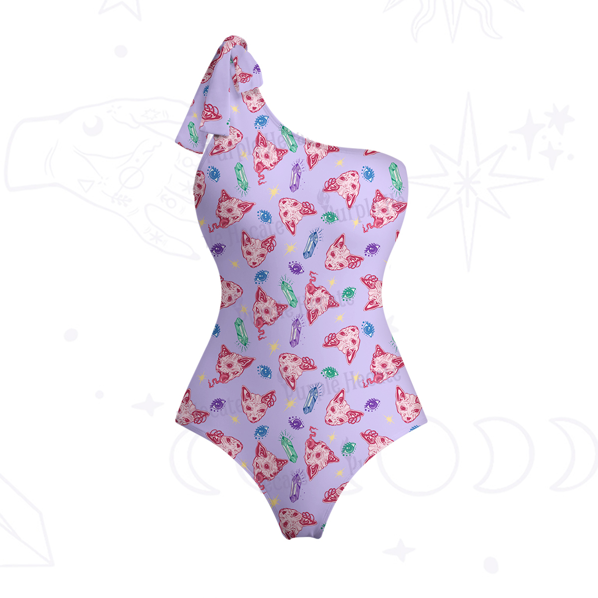Purplehecate Crystal Cat Skull One-Shoulder One-Piece Swimsuit