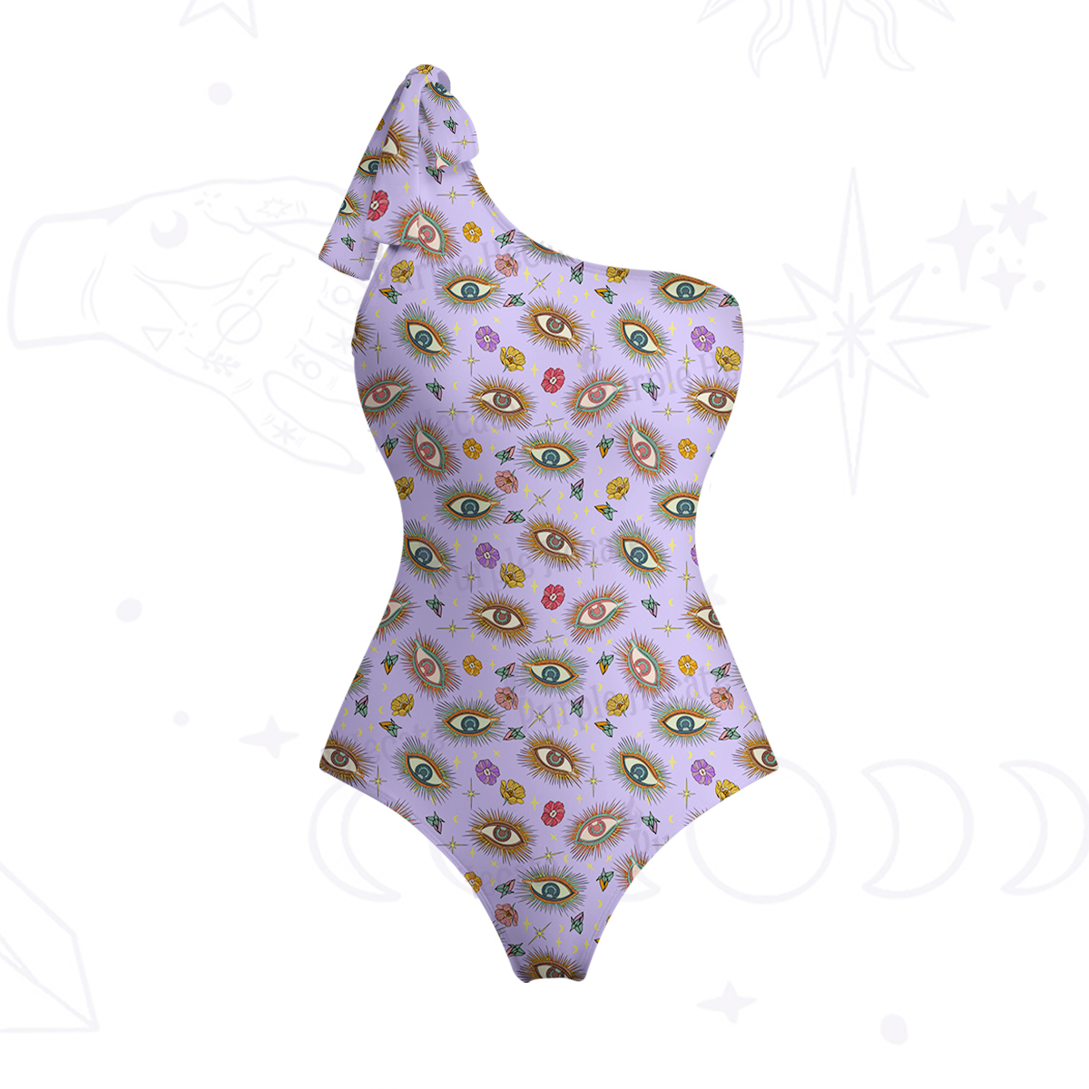 Purplehecate Evil Eye Pattern One-Shoulder One-Piece Swimsuit