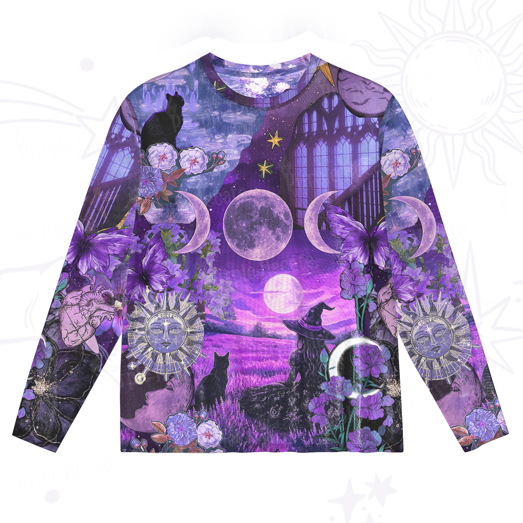 Purplehecate Witchy Black Cat Moon Mesh Long Sleeve Top