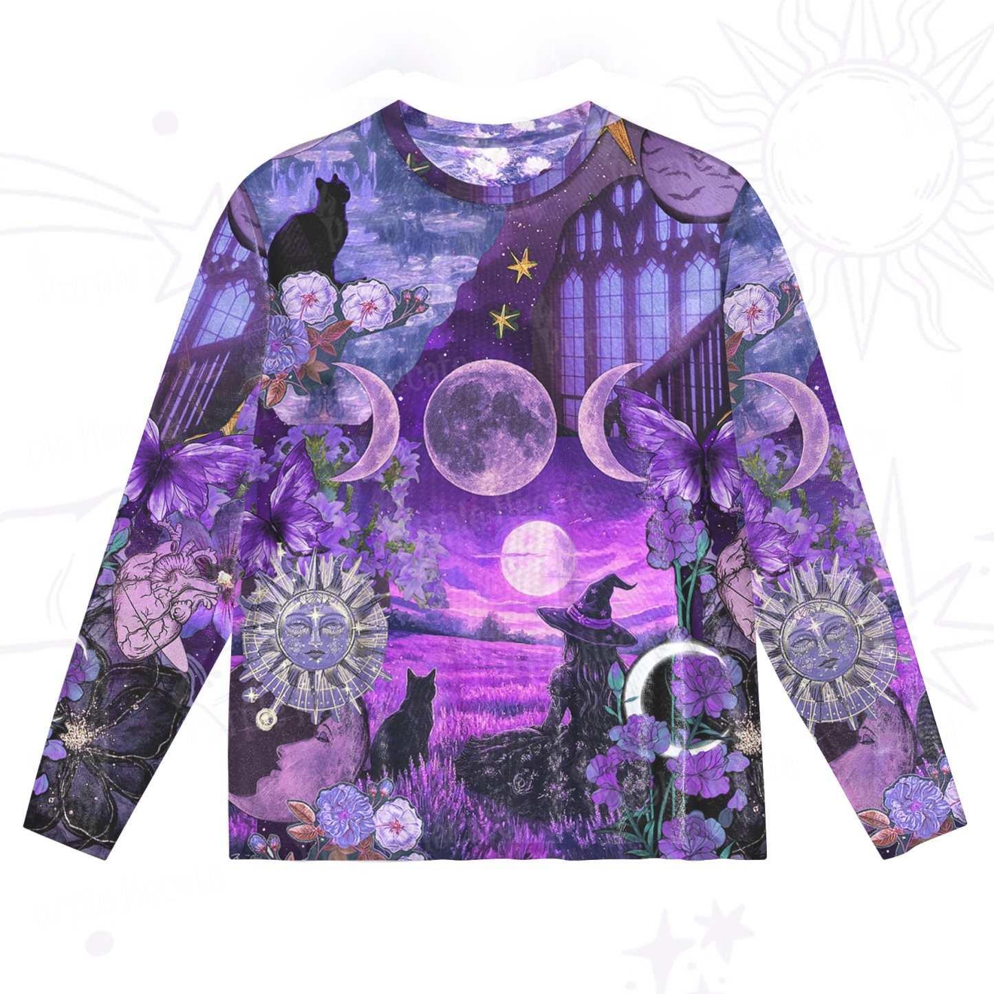 Purplehecate Witchy Black Cat Moon Mesh Long Sleeve Top
