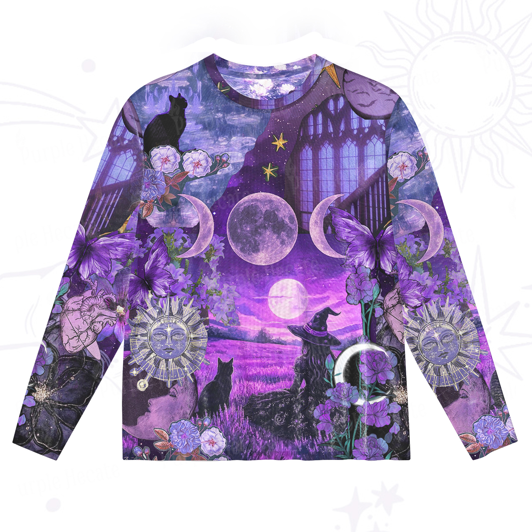 Purplehecate Witchy Black Cat Moon Mesh Long Sleeve Top