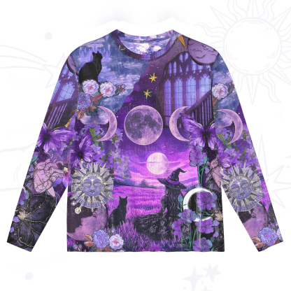 Purplehecate Witchy Black Cat Moon Mesh Long Sleeve Top