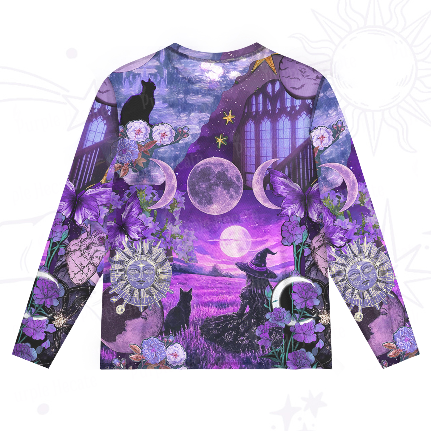 Purplehecate Witchy Black Cat Moon Mesh Long Sleeve Top