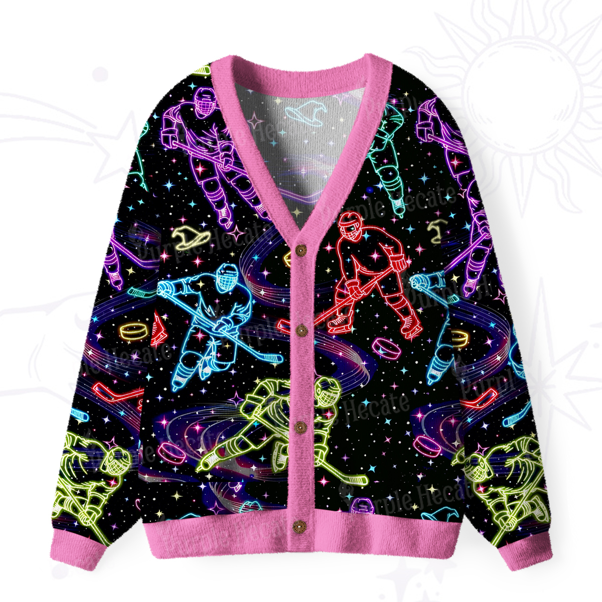 Purplehecate Neon Night Hockey Ugly Cardigan Sweaters