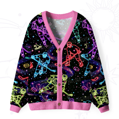 Purplehecate Neon Night Hockey Ugly Cardigan Sweaters