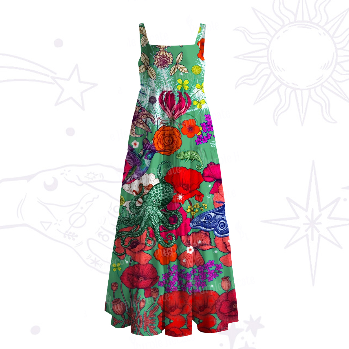 Purplehecate Enchanted Surreal Creatures Wide Straps Maxi Dress