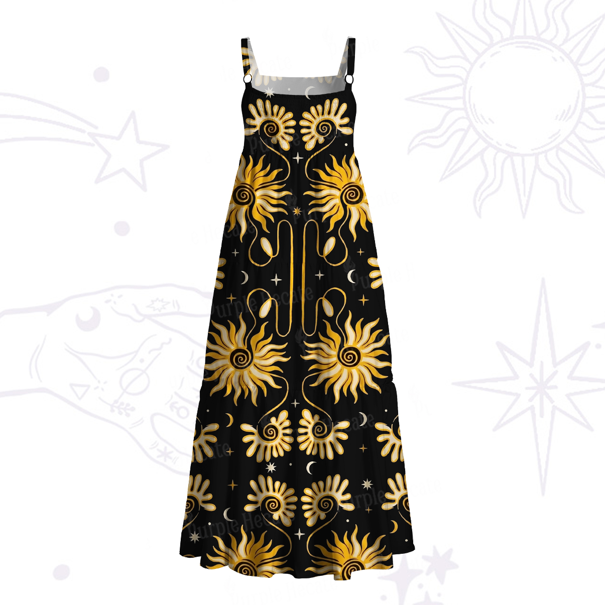 Purplehecate Golden Cosmic Sunflower Wide Straps Maxi Dress