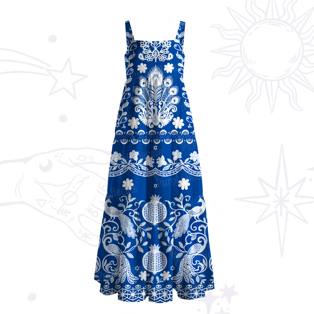 Purplehecate Mystic Peacock Garden Totem Strappy Wide Straps Maxi Dress