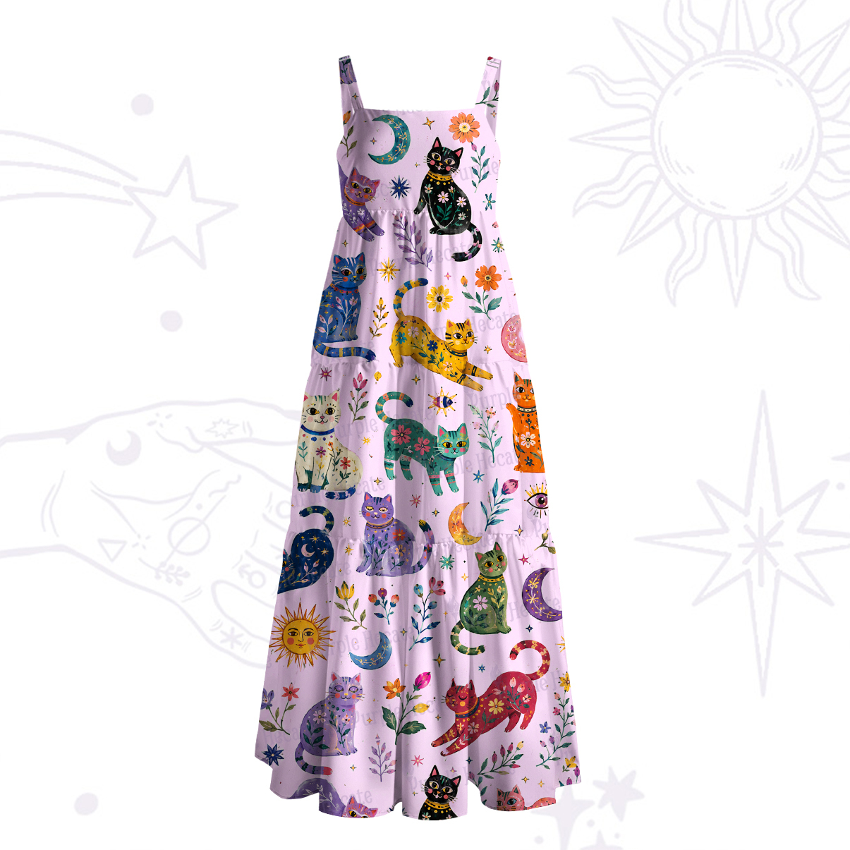Purplehecate Rainbow Magic Cats Wide Straps Maxi Dress