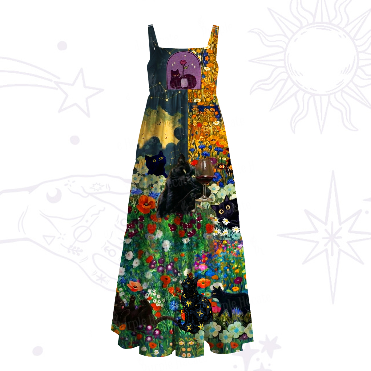 Purplehecate Black Cat Secret Garden Wide Straps Maxi Dress