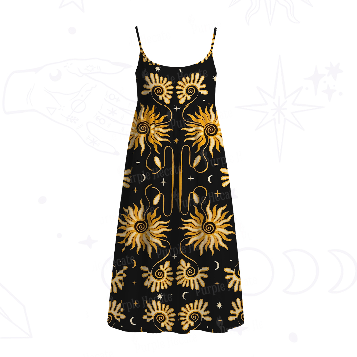 Purplehecate Golden Cosmic Sunflower Spaghetti Strap Midi Dress