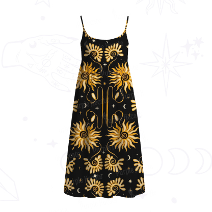 Purplehecate Golden Cosmic Sunflower Spaghetti Strap Midi Dress