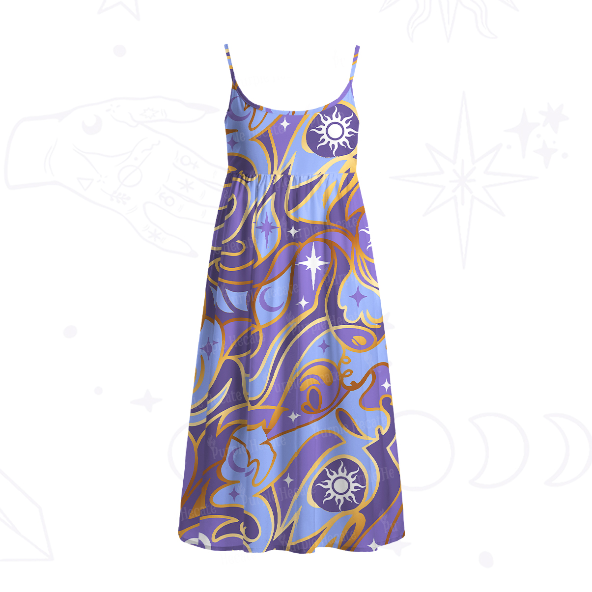 Purplehecate Divination Night Print Spaghetti Strap Midi Dress