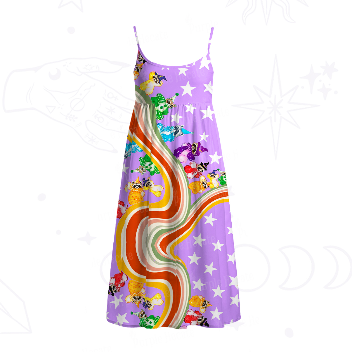 Purplehecate Rainbow Raccoon Star Spaghetti Strap Midi Dress