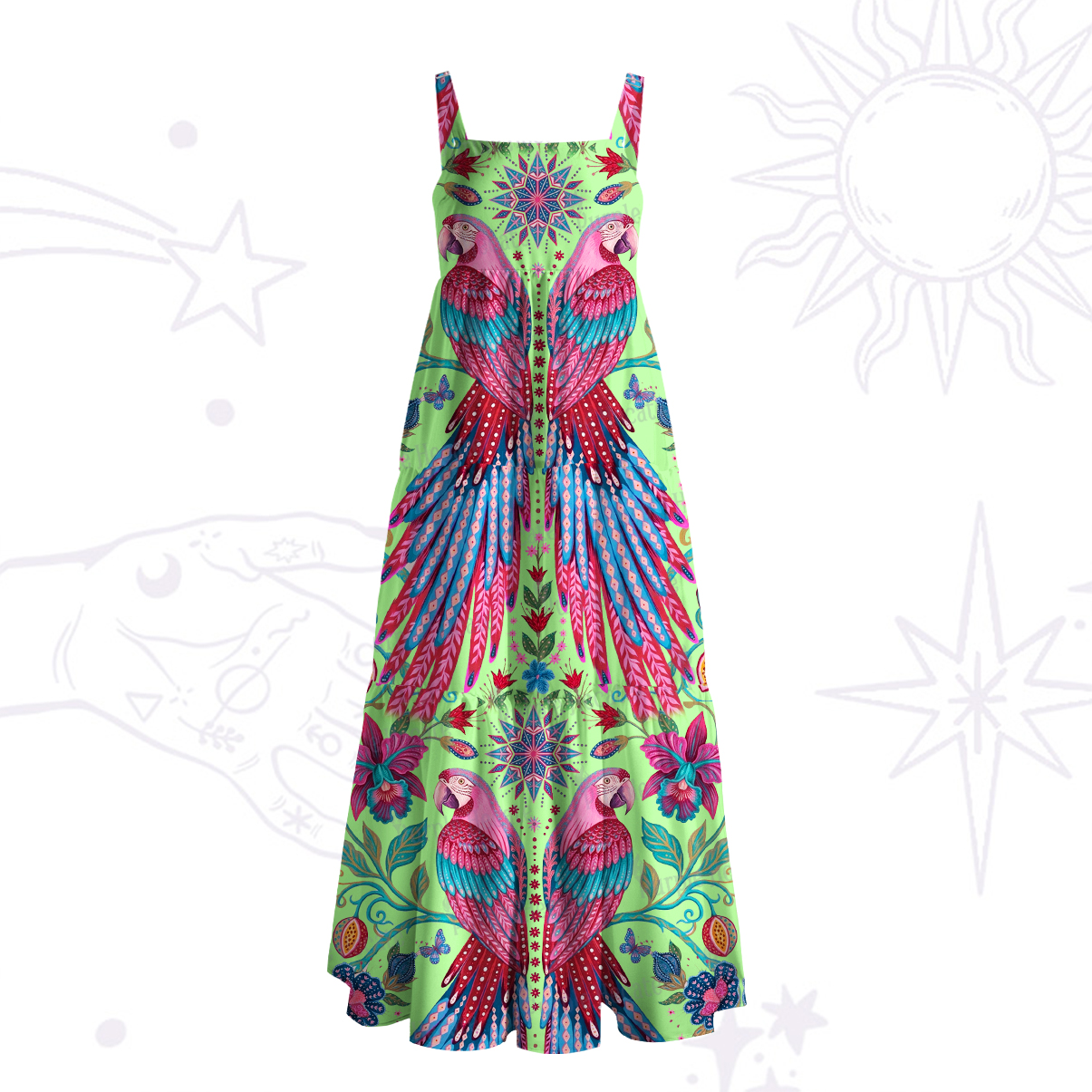 Purplehecate Tropical Parrot Garden Wide Straps Maxi Dress