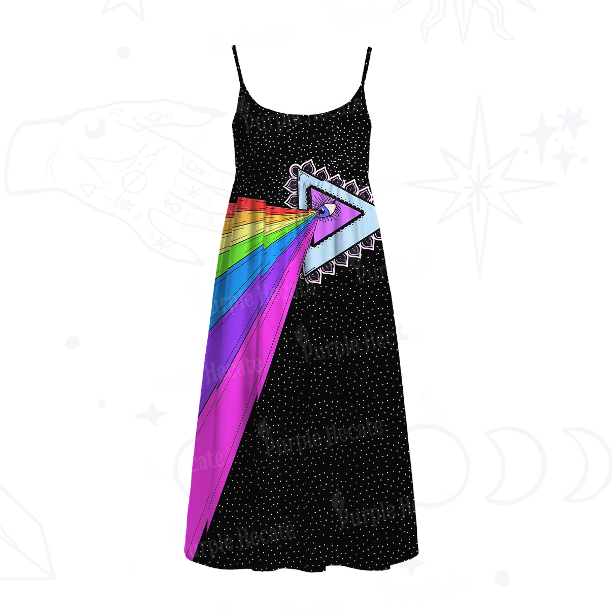 Purplehecate Prism of Rainbow Spaghetti Strap Midi Dress